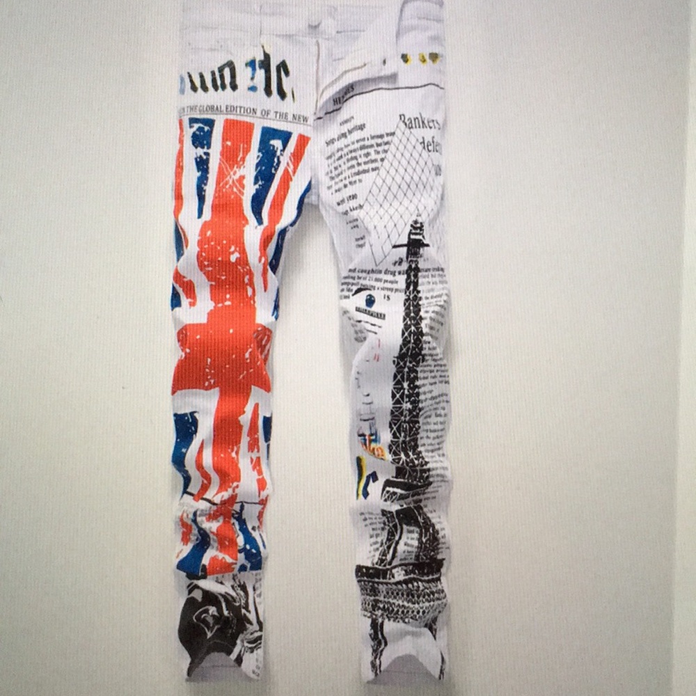 Graffiti Europe print white slim fit jeans